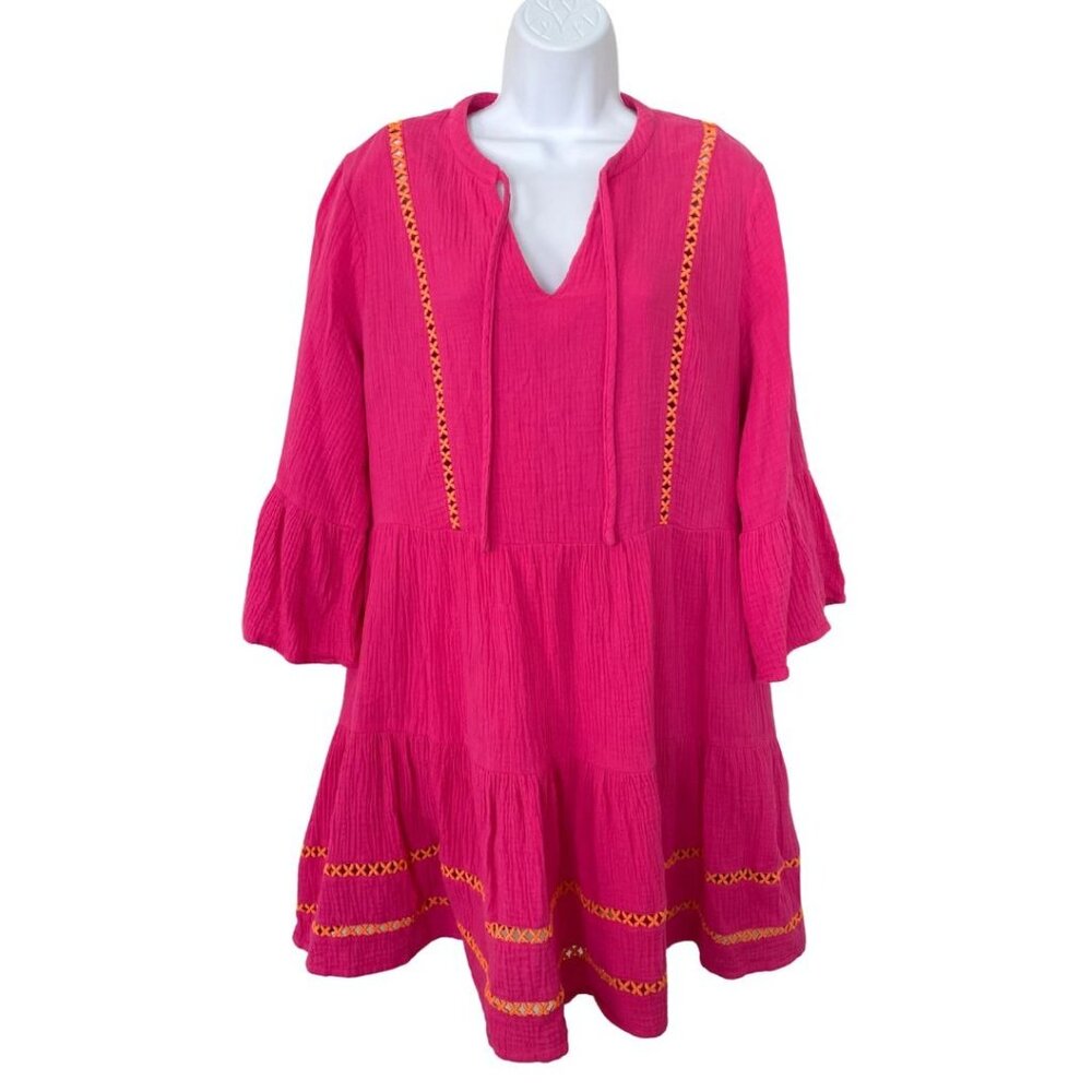 Scoop Cotton Tiered Pink Orange Gauze Dress Beach Resortwear Size M